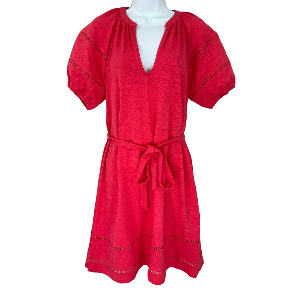 Boden Pink Cotton Slub Jersey Ladder‎ Stitch Tie Waist Dress Size US 8 NEW